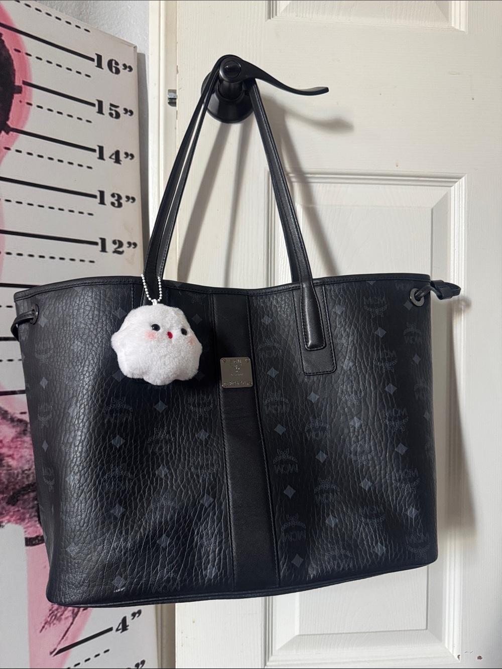 MCM Black Monogram Leather Tote with White Plush Charm